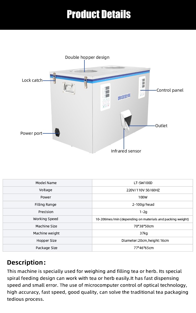 LT-SW100D 2-100g Double Heads Spiral Weighing and Filling Machine