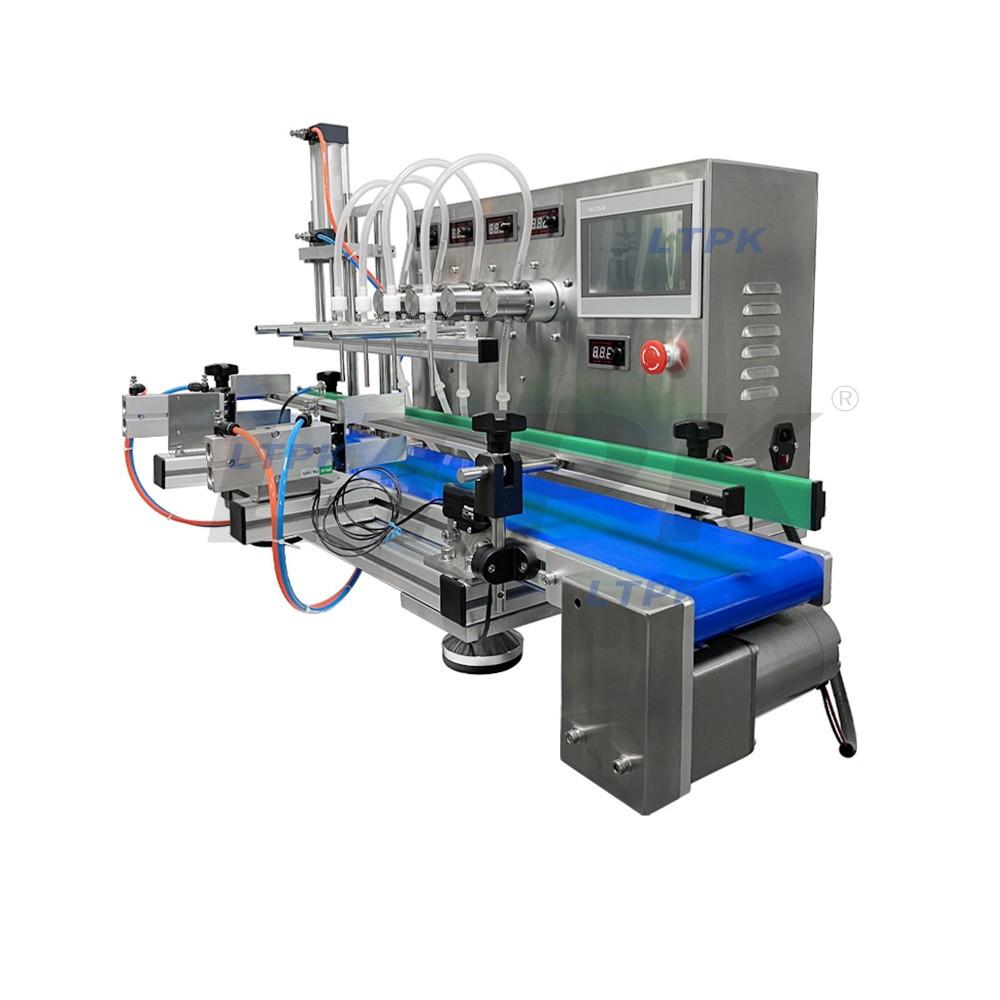 LT-MPF4 Magnetic Pump Desktop Automatic Liquid Filling Machine 4 Heads With Conveyor Belt 